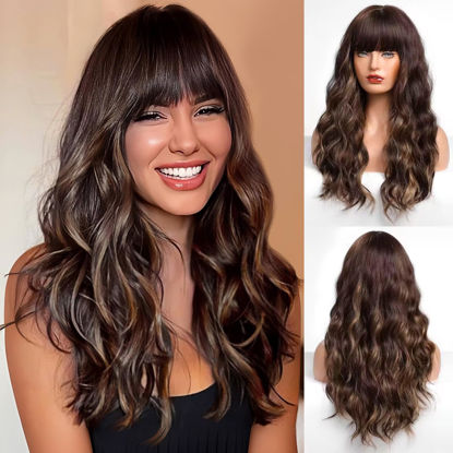 Picture of HAIRCUBE Brown with Blonde Highlight Wig Long Curly Wig with BangsNatural Appearance Heat-Resistant Synthetic Wig Suitable for Fashionable Women