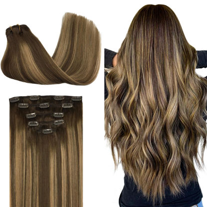 Picture of DOORES Clip in Human Hair Extensions, 5pcs 75g Balayage Chocolate Brown to Caramel Blonde 16 Inch Hair Extensions Clip in Human Hair Straight