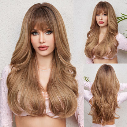 Picture of HAIRCUBE Light Brown Long Curly Wig with Bangs Heavy Blonde Natural Appearance Heat-Resistant Synthetic Wig Suitable for Fashionable Women 24Inch