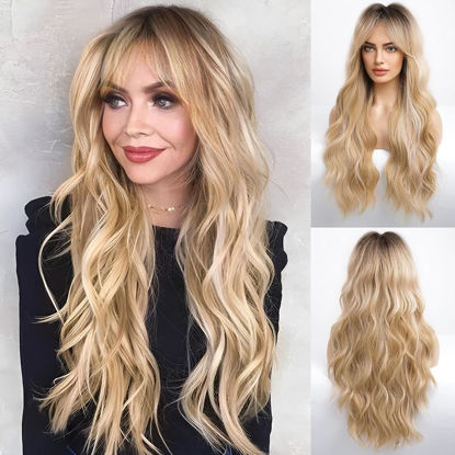 Picture of HAIRCUBE Blonde Long Curly Wig with Bangs Dark Root Highlight Natural Appearance Heat-Resistant Synthetic Wig Suitable for Fashionable Women 25Inch
