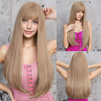 Picture of HAIRCUBE Ombre Brown Wig Long Curly Wig with Bangs Natural Appearance Heat-Resistant Synthetic Wig Suitable for Fashionable Women