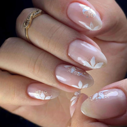 Picture of Glitter Pink Press on Nails with Flower Designs, Cute Pink Fake Nails Short Shaped French Tip Nude Acrylic Nails Gloss False Nails Reusable Glue on Nails for Women Girls 24Pcs