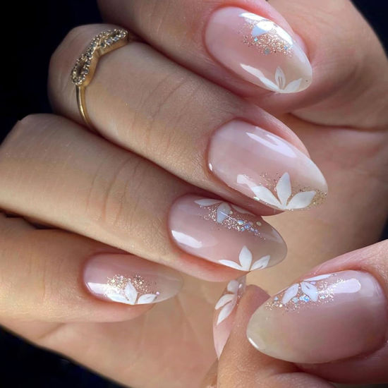 Picture of Glitter Pink Press on Nails with Flower Designs, Cute Pink Fake Nails Short Shaped French Tip Nude Acrylic Nails Gloss False Nails Reusable Glue on Nails for Women Girls 24Pcs