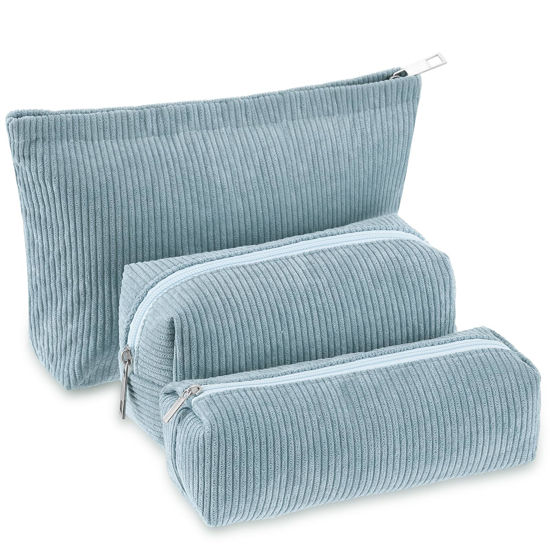 Picture of Huhumy 3 Pcs Makeup Bag Set Corduroy Cosmetic Bag for Women Aesthetic Smile Travel Toiletry Bag Cute Purse Pouch Pencil Case Makeup Brushes Storage Bag Organizer with Zipper(Blue,Solid Style)