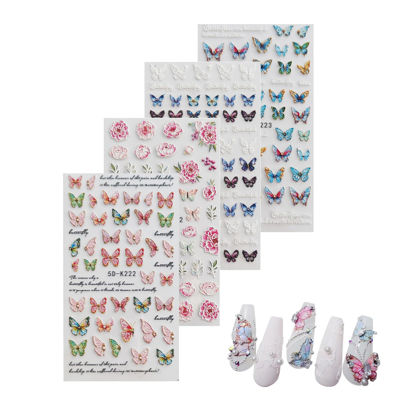 Picture of HAIIDOAK Colorful Butterfly Nail Art Stickers, Flower Nail Art Stickers 5D Embossed Decals for Women's Nail Design, Self-Adhesive Decoration
