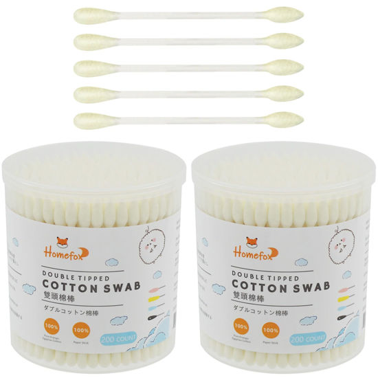 Picture of HOMEFOX Yellow Cotton Swabs Precision Pointed - 400 Count Pointy Organic Cotton Bud Double Side Tightly Wrapped Cotton Tips Paper Stick Soft Gentle Lint-Free Cruelty-Free Pointy & Round (Lemon Yellow)