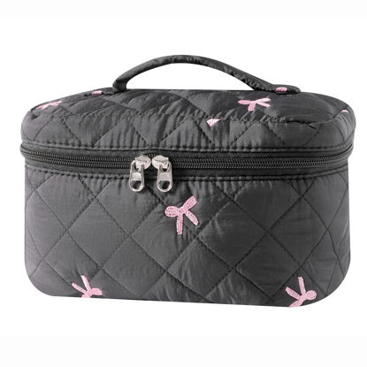 Picture of uekeboag Large Travel Quilted Makeup Bag for Women, Floral Cotton Cosmetic Bag, Coquette Aesthetic Floral Toiletry Organizer Bag(13Black Bow