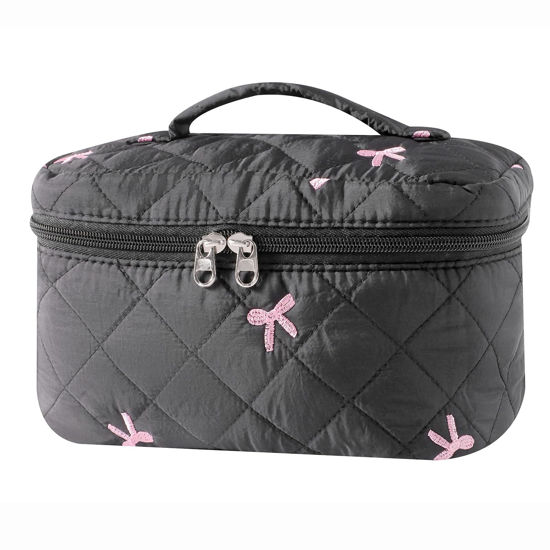 Picture of uekeboag Large Travel Quilted Makeup Bag for Women, Floral Cotton Cosmetic Bag, Coquette Aesthetic Floral Toiletry Organizer Bag(13Black Bow