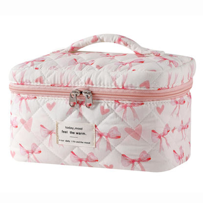 Picture of uekeboag Large Travel Quilted Makeup Bag for Women, Floral Cotton Cosmetic Bag, Coquette Aesthetic Floral Toiletry Organizer Bag(15Love Bow