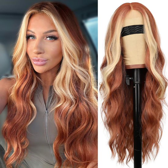 Picture of AISI HAIR Ginger Mixed Blonde Wig for Women, Long Wavy Lace Hairline Middle Part Synthetic Wig for Daily Party-26 Inch
