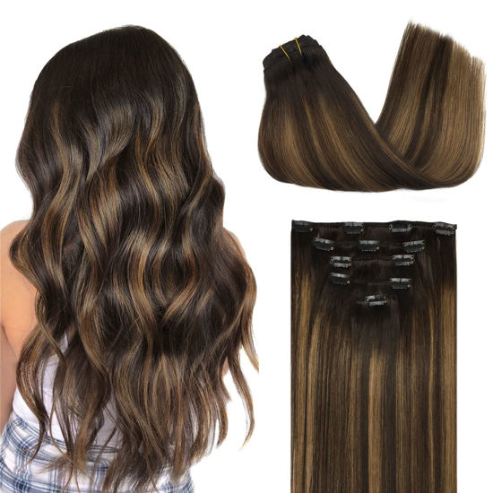 Picture of DOORES Clip in Hair Extensions Human Hair, 5pcs 80g Balayage Dark Brown to Chestnut Brown 20 Inch Hair Extensions Clip in Human Hair Straight