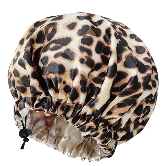 Picture of Satin Bonnet Silk Bonnet for Curly Hair Bonnet Braid Bonnet for Sleeping Bonnets for Women Large Double-Layer Adjustable(Leopard)