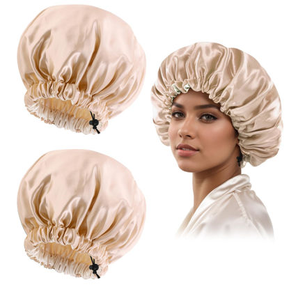 Picture of Satin Bonnet Silk Bonnet for Curly Hair Bonnet Braid Bonnet for Sleeping Bonnets for Women Large Double-Layer Adjustable(2Pcs Champagne)