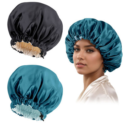 Picture of Satin Bonnet Silk Bonnet for Curly Hair Bonnet Braid Bonnet for Sleeping Bonnets for Women Large Double-Layer Adjustable(Black&Blue Zircon)