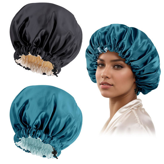 Picture of Satin Bonnet Silk Bonnet for Curly Hair Bonnet Braid Bonnet for Sleeping Bonnets for Women Large Double-Layer Adjustable(Black&Blue Zircon)
