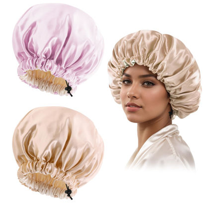 Picture of Satin Bonnet Silk Bonnet for Curly Hair Bonnet Braid Bonnet for Sleeping Bonnets for Women Large Double-Layer Adjustable(Champagne&Pink)