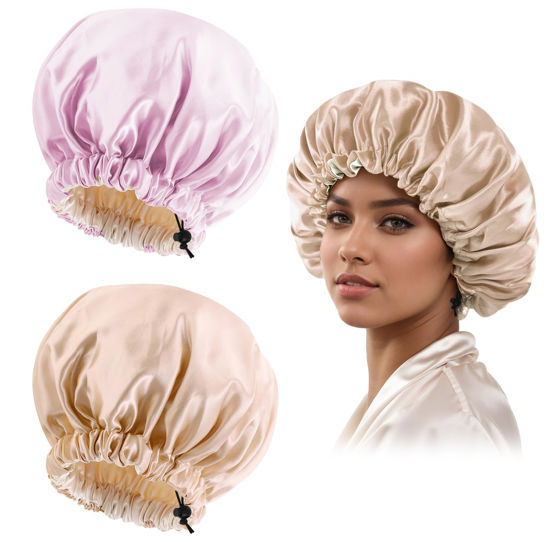 Picture of Satin Bonnet Silk Bonnet for Curly Hair Bonnet Braid Bonnet for Sleeping Bonnets for Women Large Double-Layer Adjustable(Champagne&Pink)
