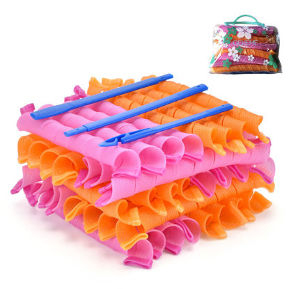 Picture of 40pcs Hair Curlers Spiral Hair Curlers for Long Hair, No Heat Curlers 22inch/55cm Magic Curls Hair Rollers with Styling Hooks Heatless Hair Curlers Styling Kit Pink&Orange