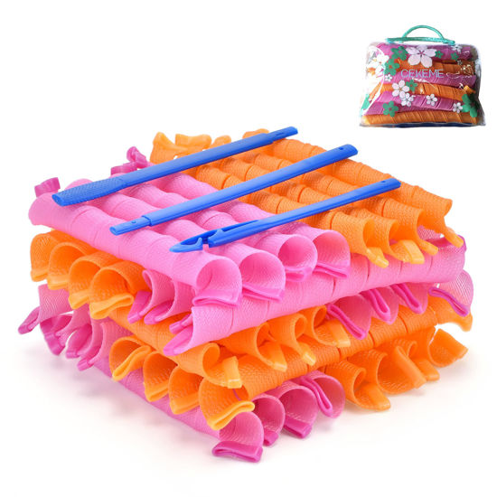 Picture of 40pcs Hair Curlers Spiral Hair Curlers for Long Hair, No Heat Curlers 22inch/55cm Magic Curls Hair Rollers with Styling Hooks Heatless Hair Curlers Styling Kit Pink&Orange
