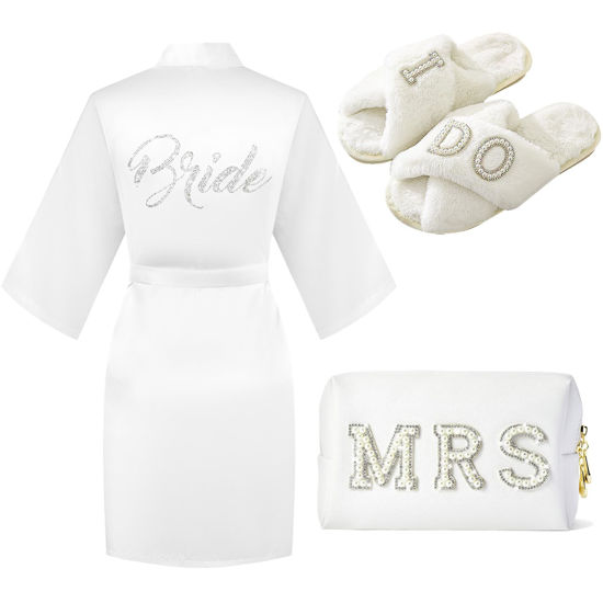 Picture of Tkifoda Bride to Be Gift Set, Bride Slippers, I Do Slippers, Bride Robe, Wedding Robe, Bride Makeup Bag, MRS Cosmetic Bag, Bride Gift, Bridal Shower Gifts for Her, Bachelorette Gifts for Bride