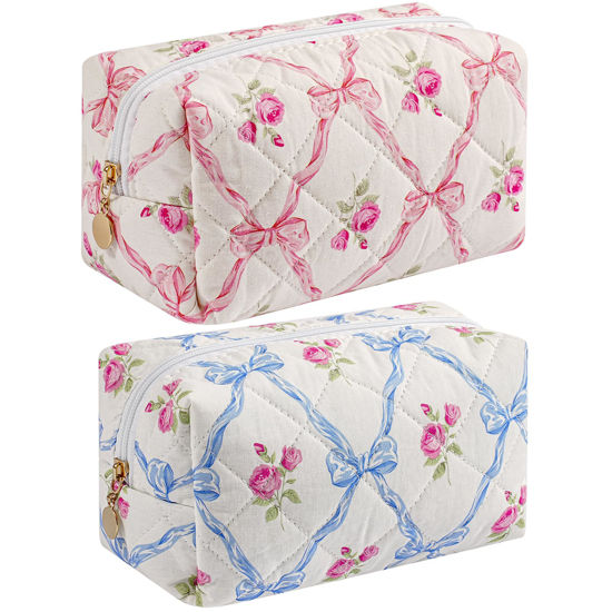 Picture of HHQQWZ Makeup Bag Travel Cosmetic Bag for Women Girls, Zipper Make Up Pouch, Floral Flowers Toiletry Organizer Makeup, Portable Storage Bag, Cosmetic Travel Cloth Bag (Pink Bowknot+Blue Bowknot)