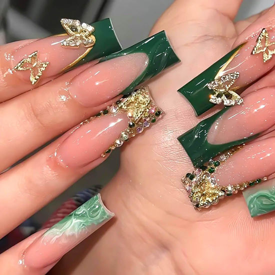 Picture of RUOKEXIN Long Square Press on Nails Green French Tip Fake Nails Gold Glitter False Nails with Gold 3D Butterfly Designs Long Square Glue on Nails Sparkly Artificial Nails Cute Stick on Nails for Women