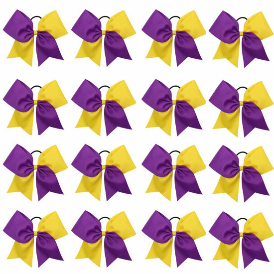 Picture of 16PCS 8" Large Cheer Hair Bows Ponytail Holder Elastic Band Handmade for Cheerleading Teen Girls College Sports (Purple/Gold, 16 Count (Pack of 1))