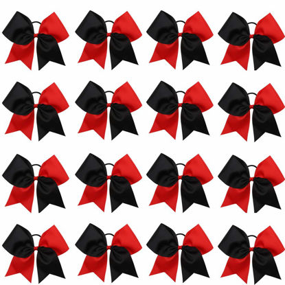Picture of 16PCS 8" Large Cheer Hair Bows Ponytail Holder Elastic Band Handmade for Cheerleading Teen Girls College Sports (Red/Black, 16 Count (Pack of 1))