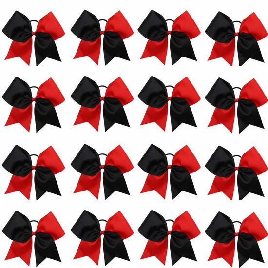 Picture of 16PCS 8" Large Cheer Hair Bows Ponytail Holder Elastic Band Handmade for Cheerleading Teen Girls College Sports (Red/Black, 16 Count (Pack of 1))