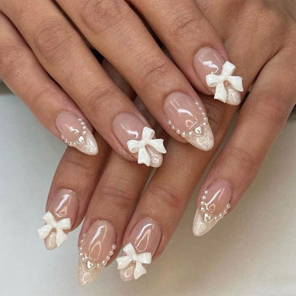 Picture of White French Tip Press on Nails Pointed Almond Shape French Pearl White Bow Fake Nails Design Tips Nail Nude Color Cute Bow Stick on Nails for Women Girls Manicure Daily Wear 24Pcs