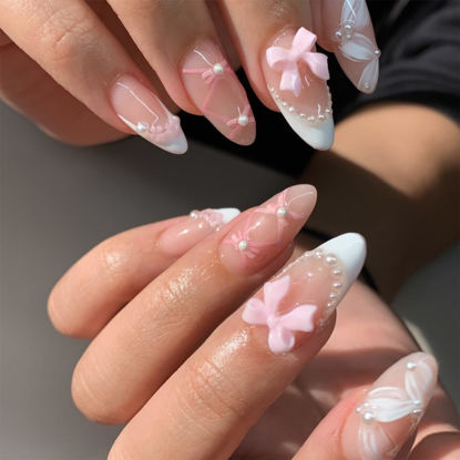 Picture of Almond Press on Nails Medium, 3D Pink Charms Bow Fake Nails French Tip Nails Press ons with Pearl Exquisite Design,Glue on Nails Glossy Acrylic Nails for Women Girls Manicure 24Pcs