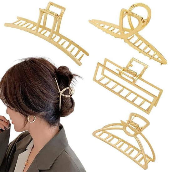 Picture of 4pcs Metal Gold Hair Clips for Women, Geometry Square Cross Big Small Hair Clamps Jaw Crab Barrette for Thick Thinner Long Hair, Fashion Women's Hair Accessories Styling Tools Gifts