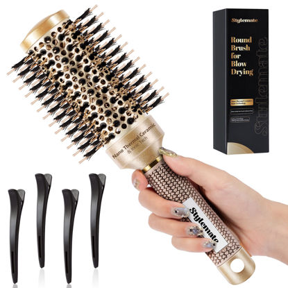 Picture of STYLEMATE Round Hair Brush for Blow Out, 1.7 Inch, Nano Thermal Ceramic & Ionic Tech, Boar Bristle, Roller Brush for Blow Drying and Styling, Includes 4 Free Clips, Gold