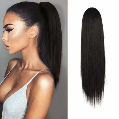 Picture of BARSDAR Dark Brown Ponytail Extension - 14 Inch Short Straight Drawstring Ponytail Extensions for Women, Synthetic Drawstring Clip in Pony Tails Hairpieces Fake Straight Ponytails - Darkest Brown