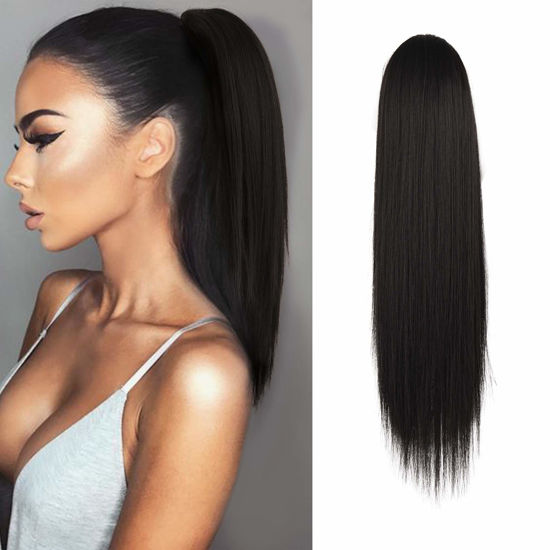 Picture of BARSDAR Dark Brown Ponytail Extension - 14 Inch Short Straight Drawstring Ponytail Extensions for Women, Synthetic Drawstring Clip in Pony Tails Hairpieces Fake Straight Ponytails - Darkest Brown