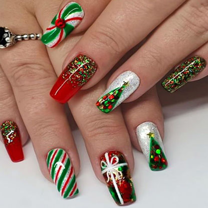 Picture of Sokfone Christmas Nails Press on Medium Fake Nails Ballerina False Nails Red Green Acrylic Nails With Glitter Stripe Christmas Tree Design X-mas Nail Full Cover Glossy Press On Nails for Women