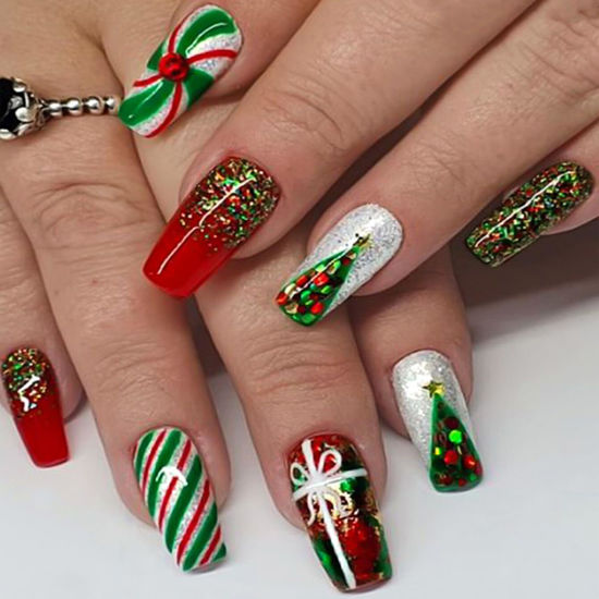 Picture of Sokfone Christmas Nails Press on Medium Fake Nails Ballerina False Nails Red Green Acrylic Nails With Glitter Stripe Christmas Tree Design X-mas Nail Full Cover Glossy Press On Nails for Women