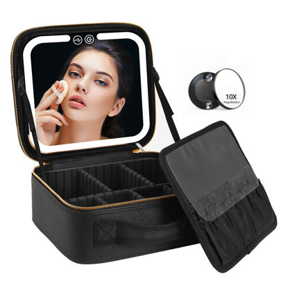 Picture of VANMRIOR Travel Makeup Bag with LED Lighted Make up Case with Mirror 3 Color Setting Cosmetic Makeup Box Organizer Vanity Case for Women Beauty Tools Accessories Case Rechargeable