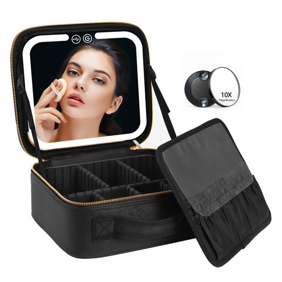 Picture of VANMRIOR Travel Makeup Bag with LED Lighted Make up Case with Mirror 3 Color Setting Cosmetic Makeup Box Organizer Vanity Case for Women Beauty Tools Accessories Case Rechargeable