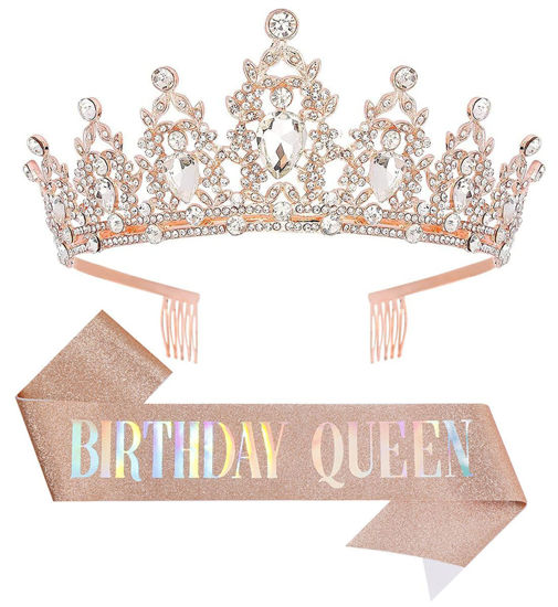 Picture of Papoopy Birthday Tiara Crown with Sash for Women, Headband Hair Accessories for Wedding Party Costume Rose