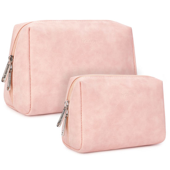 Picture of 2 Pack Vegan Leather Makeup Bag Zipper Pouch Travel Cosmetic Organizer for Women (Large (Pack of 2), Orange Pink)