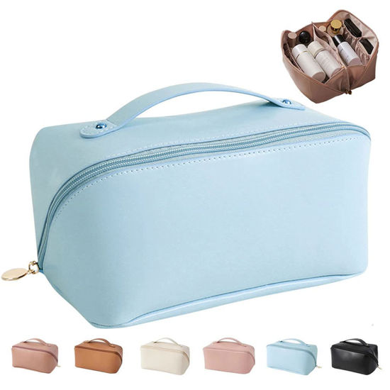 Picture of MINGRI Large Capacity Travel Cosmetic Bag for Women,Makeup Bag Travelling PU Leather Cosmetic Bag Waterproof,Multifunctional Storage Travel Toiletry Bag Skincare Bag (Blue)