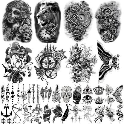 Picture of Yazhiji 32 Sheets Temporary Tattoos Stickers, 8 Sheets Fake Body Arm Chest Shoulder Tattoos for Men Women with 24 Sheets Tiny Black Temporary Tattoos