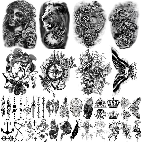 Picture of Yazhiji 32 Sheets Temporary Tattoos Stickers, 8 Sheets Fake Body Arm Chest Shoulder Tattoos for Men Women with 24 Sheets Tiny Black Temporary Tattoos