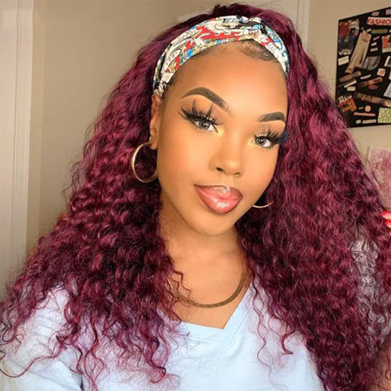 Picture of XSY 99J Burgundy Headband Wig Human Hair Deep Wave 16 Inch Wig Glueless Headband Wig Deep Wave None Lace Front Wigs Human Hair for Black Women 150% Density Wig Curly Hair