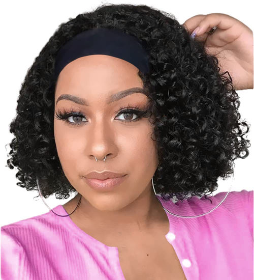 Picture of XSY Headband Wig Human Hair Deep Wave Human Hair Wigs for Black Women 10A Curly Brazilian No Lace Front Wigs Natural Color Human Hair Headband Wigs 8 Inch