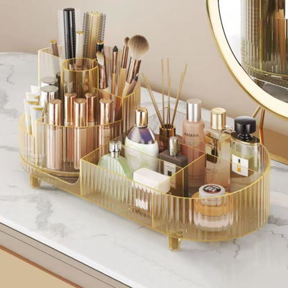 Picture of Rotating makeup organizer,Large Capacity Cosmetic Display Case, easy to hold all of your makeup products, at least 20 makeup brushes/eyeliner,10 lipsticks,8 skincare products(Crystal Amber)