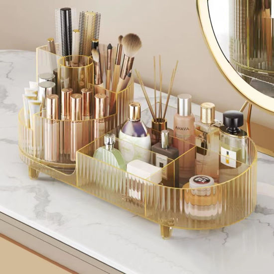 Picture of Rotating makeup organizer,Large Capacity Cosmetic Display Case, easy to hold all of your makeup products, at least 20 makeup brushes/eyeliner,10 lipsticks,8 skincare products(Crystal Amber)