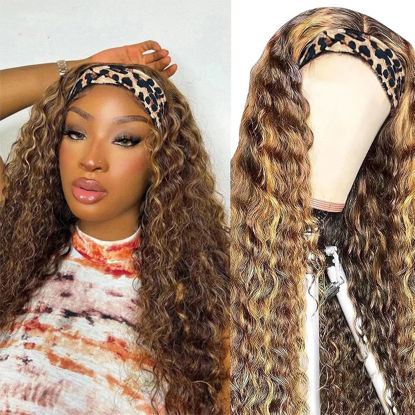 Picture of XSY Ombre Headband Wig Human Hair Honey Blonde Wig 4/27 Highglight Wig Headband Wig 100% Human Hair Wigs Deep Wave Headband Wig Curly Wig Colored Wigs 22 Inch