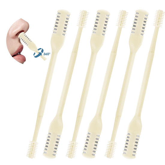 Picture of ZKENIRD 6 Pcs 2-in-1 Nasal Hair Cutter, Upgrade Double Sided Nose Hair Knife, 360° Nostril Hair Remover Tool, Nose Hair Trimmer for Men, Nasal Hair Cutter for Men Women, Soft Cleaning Brush (Cream)